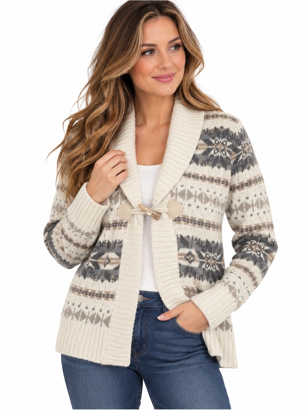 Chaps Fair Isle Nordic Cardigan Sweater Small Cream Gray Cotton Toggle Chunky